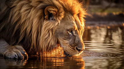 portrait of a lion, image of lion drinking a water in sunset, generative ai