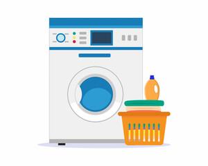 washing machine with dirty cloths baskets and detergent Laundry services.