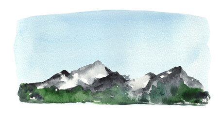 Watercolor foggy landscape with mountains and pine trees. Mountains hand drawn illustration