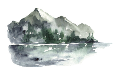 Watercolor misty landscape with mountains and lake. Mountains hand drawn illustration