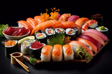 apanese sushi food. Maki ands rolls with tuna, salmon, shrimp, crab. Top view. generative ai, ai generative