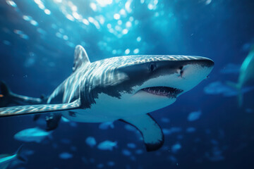 Naklejka premium Great White Shark swims in the ocean near the reef. undersea world. close up shot. generative ai, ai, generative