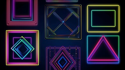 Geometric neon frames on the dark background. Generative AI