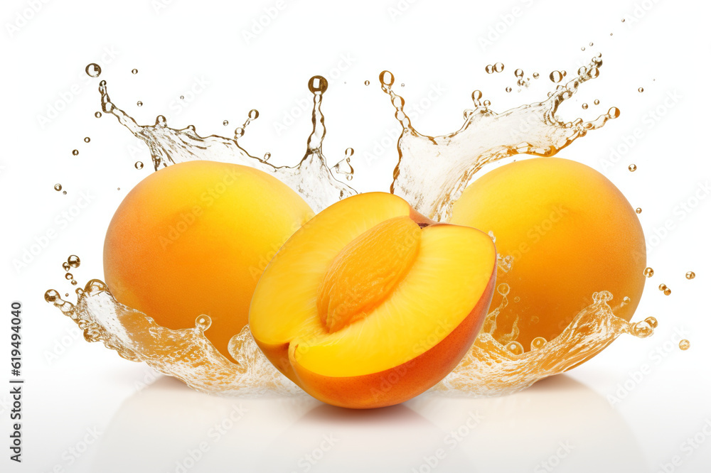 Poster a group of apricots with a splash of water or juice. generative ai. isolated on white background.