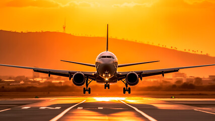 Fototapeta na wymiar Beauty of a golden sunset as an airplane completes its descent, Generative AI