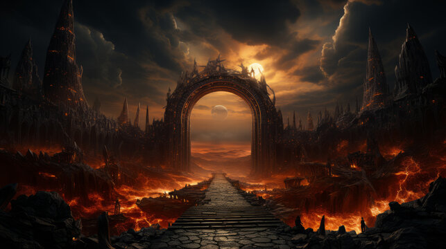 ruins of the church of the holy sepulchre, apocalyptic ruins in red light, generative ai