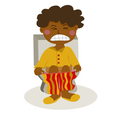 flat cartoon, black boy wearing yellow clothes In activities to wash your face, brush your teeth, etc. in the morning.