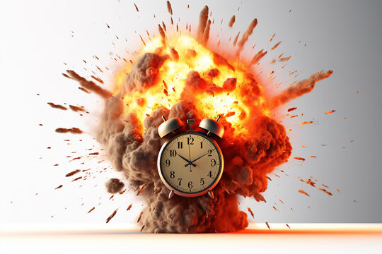 red alarm clock with bomb on a white background