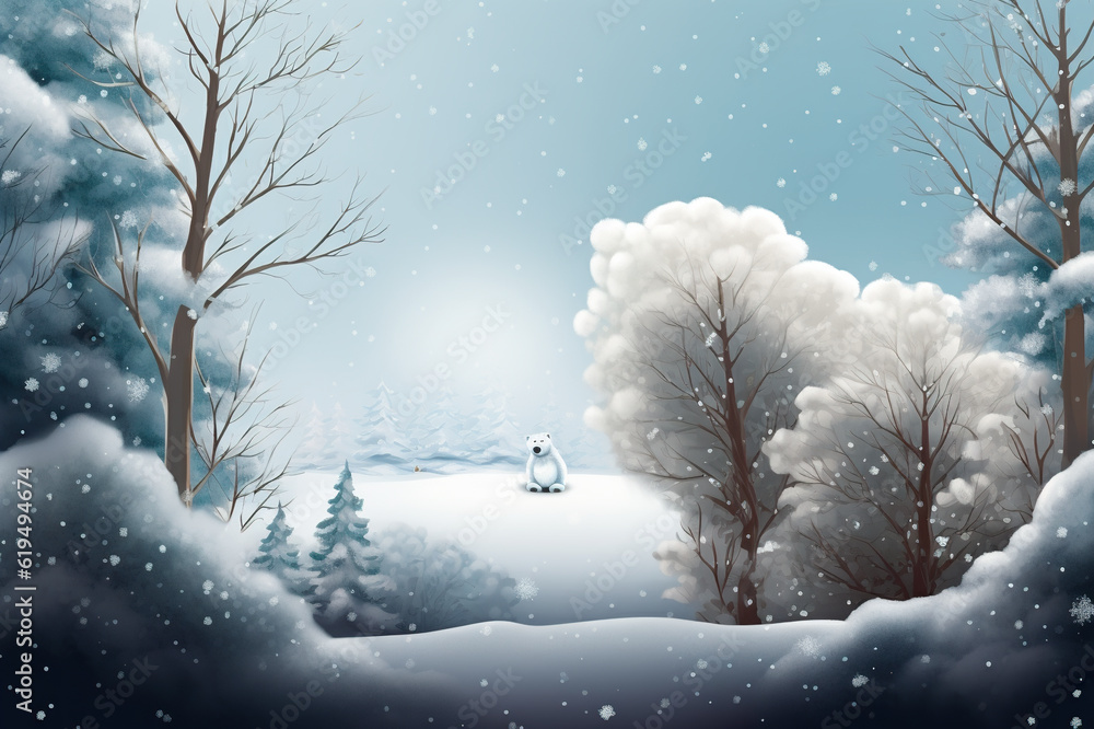 Poster a snowy scene with a snowman and trees. generative ai. winter greeting card design, wintertime backg