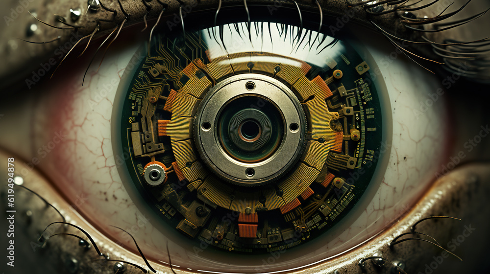 Poster a close up of a persons eye with a digital security camera in the center. generative ai.