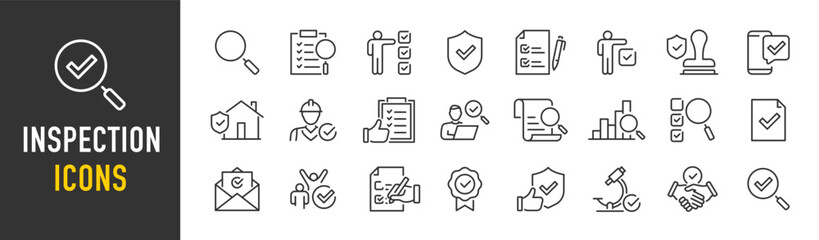 Inspection web icons in line style. Examination, testing, quality control, check, inspect, collection. Vector illustration. - obrazy, fototapety, plakaty