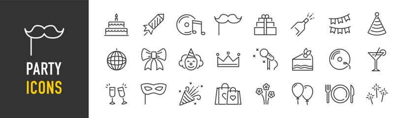 Party web icons in line style. Birthday, dancing, happy new year, week, christmas, event, holidays, carnival, collection. Vector illustration. - obrazy, fototapety, plakaty