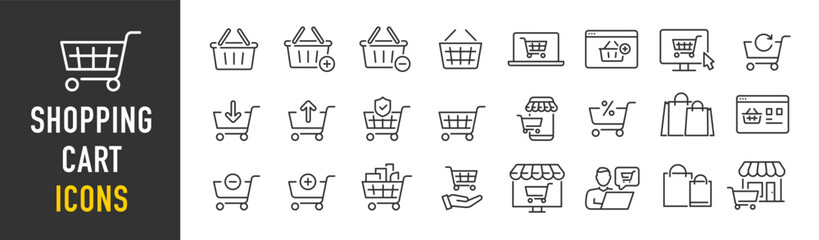 Shopping cart web icons in line style. Shop basket, mobile shop, online store, bag, add, collection. Vector illustration.