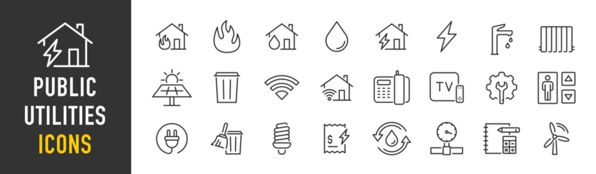 Public utilities web icons in line style. Rent receipt, electricity, water, gas, garage, heating, collection. Vector illustration.