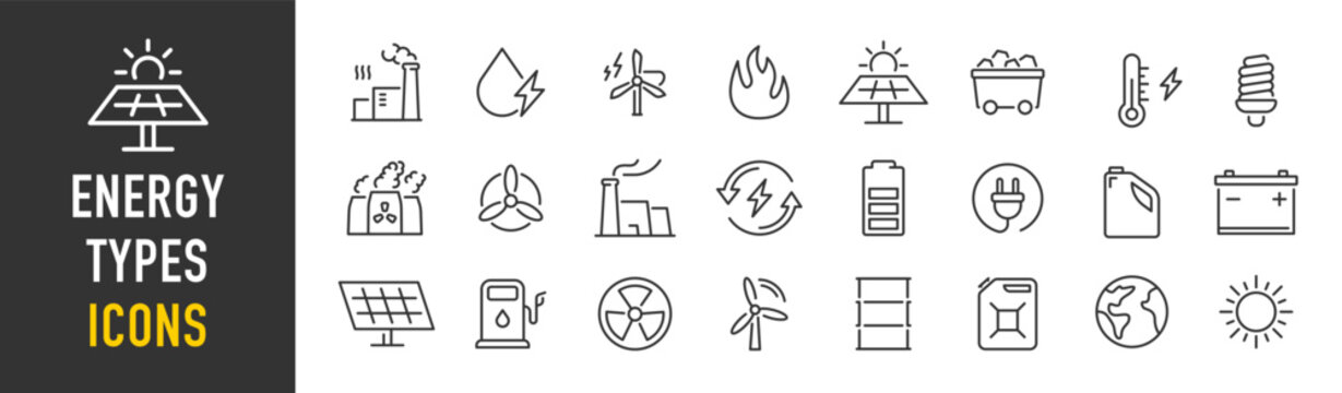 Energy Types web icons in line style. Solar cells, water, hydroelectric, fire, coal mine, collection. Vector illustration.