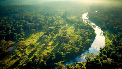 Naklejka na ściany i meble Aerial view of a majestic grand river through a lush green jungle. Generative AI