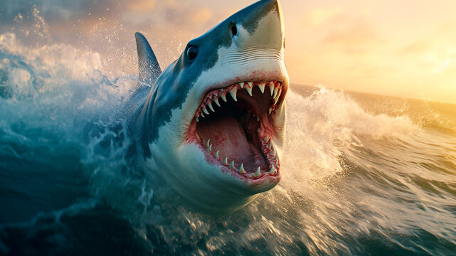 Shark attacks at ocean, white shark lunges towards its prey, Generative AI