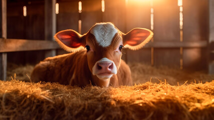 A delightful calf is lying peacefully in the tranquil farm. Generative AI
