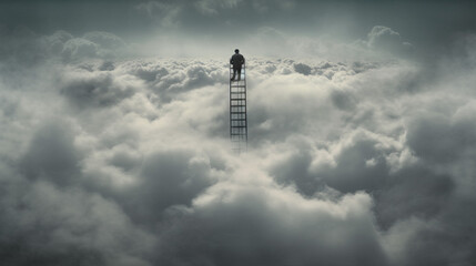 Obraz premium ladder to sky, man at the top of a ladder in clouds, generative ai