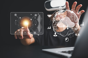 Step into the metaverse with a man in VR glasses, leveraging cloud technology to access data...