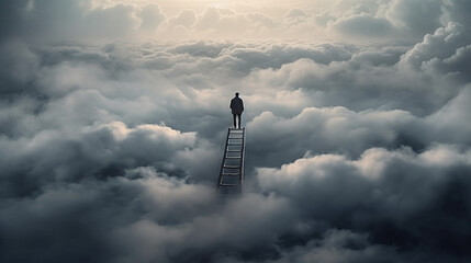 ladder to sky, man at the top of a ladder in clouds, generative ai