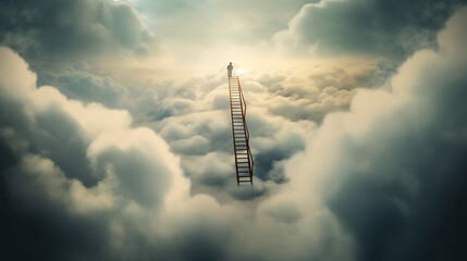 Obraz premium ladder to sky, man at the top of a ladder in clouds, generative ai