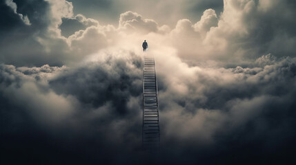 Obraz premium ladder to sky, man at the top of a ladder in clouds, generative ai