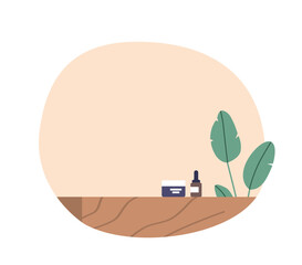 Aesthetic Cosmetic Bottle and Cream Jar Placed On A Rustic Wooden Desk with Green Leaves, Exuding Natural Organic Vibe