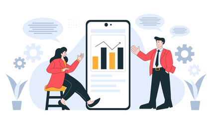 Business meeting in flat vector illustration style design related to market research, company report, teamwork and discussion in white background with geometric elements.