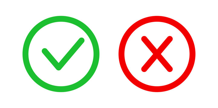 Wrong and right checkmark. Hand draw letter icon check mark in round frame yes and x. Red and green color sign isolated on white background. Tick box. Ok or cross. Done choice. Vector illustration