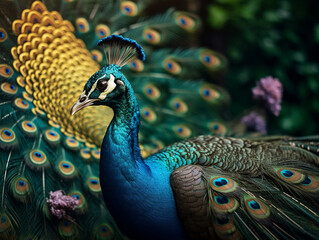 Fototapeta premium A very beautiful adult peacock. Showing off his beautiful feathers
