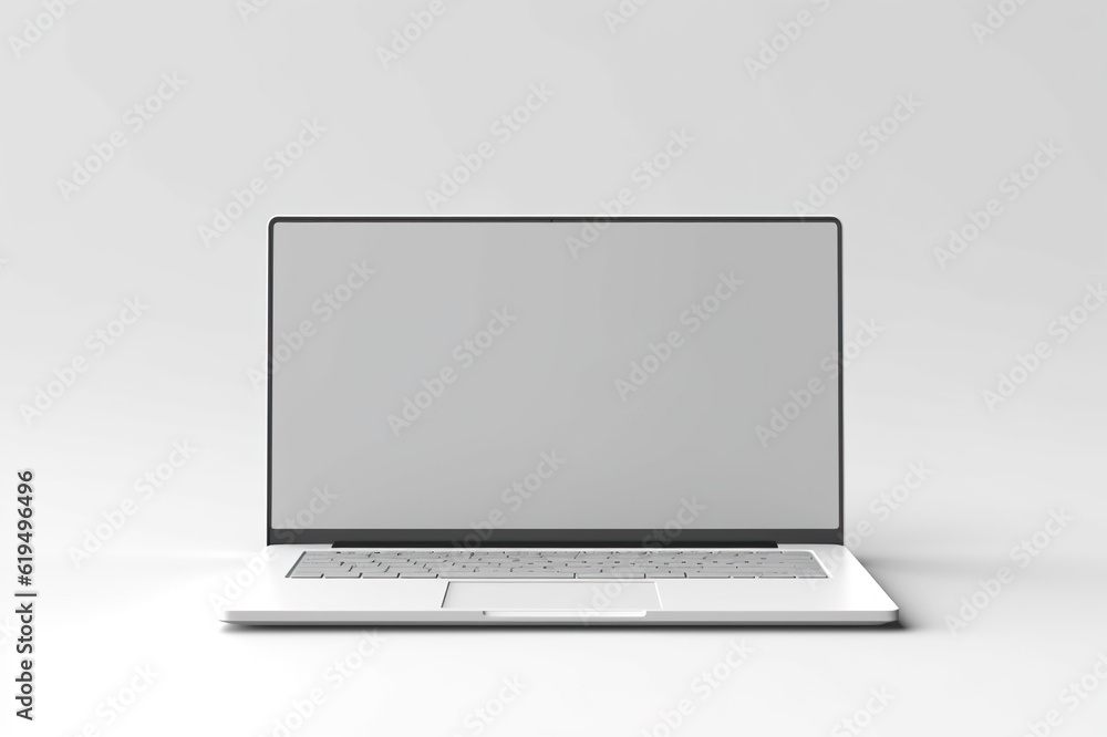 Poster a laptop computer sitting on top of a white surface. generative ai. mockup with space for your desig