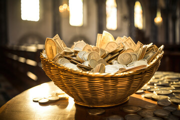Basket of tithes and offerings in the Church return to God stewardship financial management Generative AI Illustration - obrazy, fototapety, plakaty