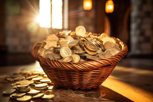 Basket of tithes and offerings in the Church return to God stewardship financial management Generative AI Illustration