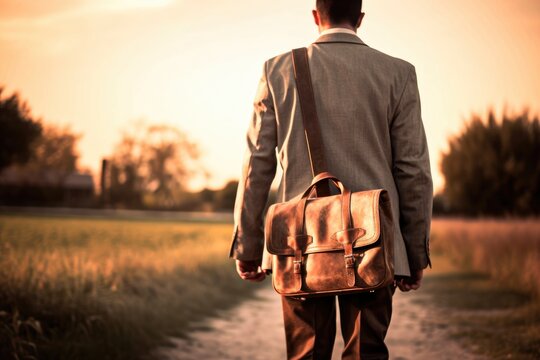 Missionary man with suitcase on his back walking through the field at sunset taking he Word of God Generative AI Illustration