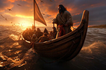 Illustration of Jesus Christ accompanied by the apostles on a boat on the Sea of Galilee Generative AI Illustration - obrazy, fototapety, plakaty