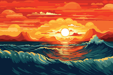 Vector flat landscape illustration of see view in sunset
