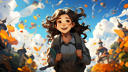Joyful Girl With Backpack, Celebrating Nature Amidst Autumn Skyscape, Created with Generative AI Technology
