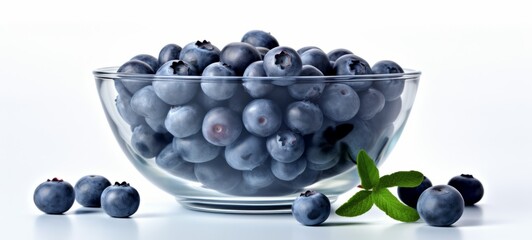 Food photography - Summer fruits blueberry background - Closeup of ripe blueberries and leaves in a glass bowl, isolated on white table background (Generative Ai)