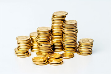 Golden coins rain down on a pristine white floor in a studio setting, reflecting light from powerful studio lights against a clean white background. Alternative AI.