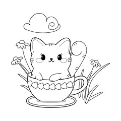 cute cat in the cup vector illustration for coloring page