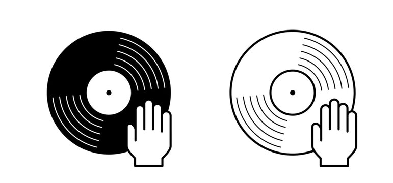 Cartoon hand scratching on vinyl or lp. The hands of DJ disk jockey turntable icon. Vinyl record album. Phonograph, music recording. Gramophone label and badge. dj hands. deejay in action.