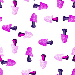 Magical fly agaric wallpaper. Seamless pattern with fairytail mushrooms.