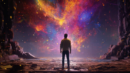 Fototapeta premium person in the night, woman in another universe, generative ai