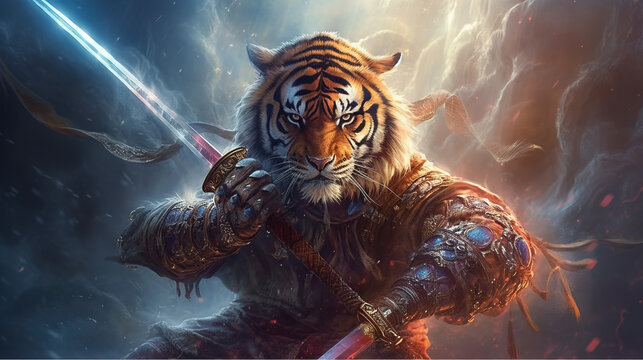 tiger in the night, a warriror tiger in the space, generative ai