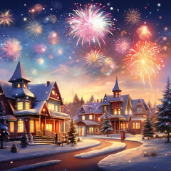Winter festive background. New Year's winter garden with decorated Christmas trees, lights, garlands. 3D . Raster illustration. Beautiful houses New Year fireworks Generative AI technology