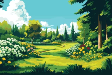 Zelfklevend Fotobehang Vector flat green landscape illustration with trees and flowers © Arash