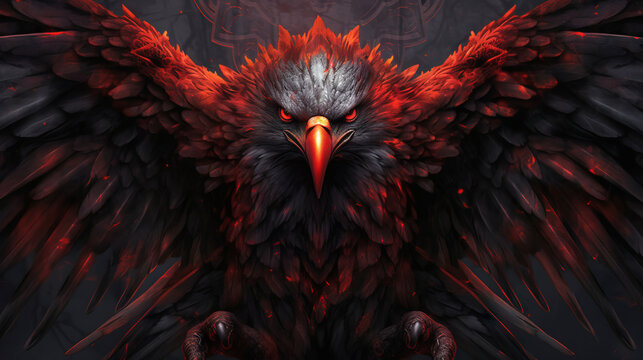eagle with red wings, aggresive black and red eagle, generative ai