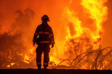 Naklejka premium A firefighter stands bravely against a raging inferno. Generative AI