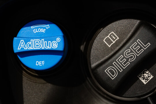 Closeup of Filler neck for Diesel exhaust fluid AdBlue